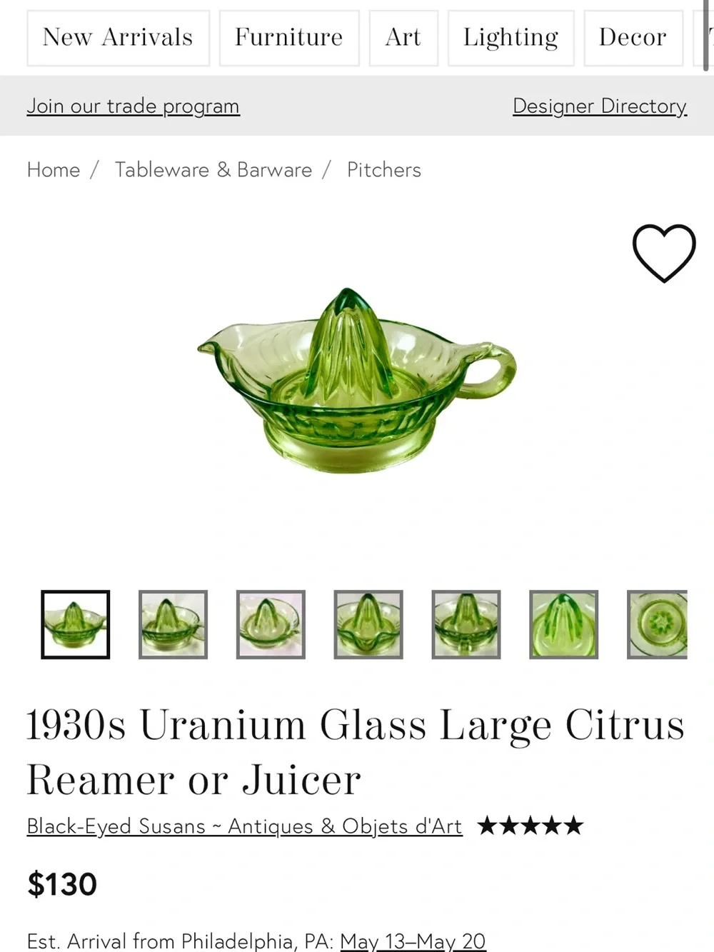 1930’s Vintage Uranium Green Glass Large Citrus Orange Reamer Juicer